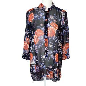 Wilfred Aritzia 100% Silk Midnight Floral Sheer Tunic Blouse Mandarin Collar S